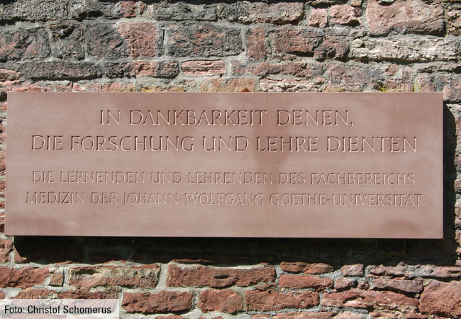 Gedenktafel mit der Aufschrift "In Dankbarkeit denen, die Forschung Lehre dienten. Die Lernenden und Lehrenden des Fachbereichs Medizin der Johann Wolfgang Goethe-Universität", Foto: Christof Schomerus